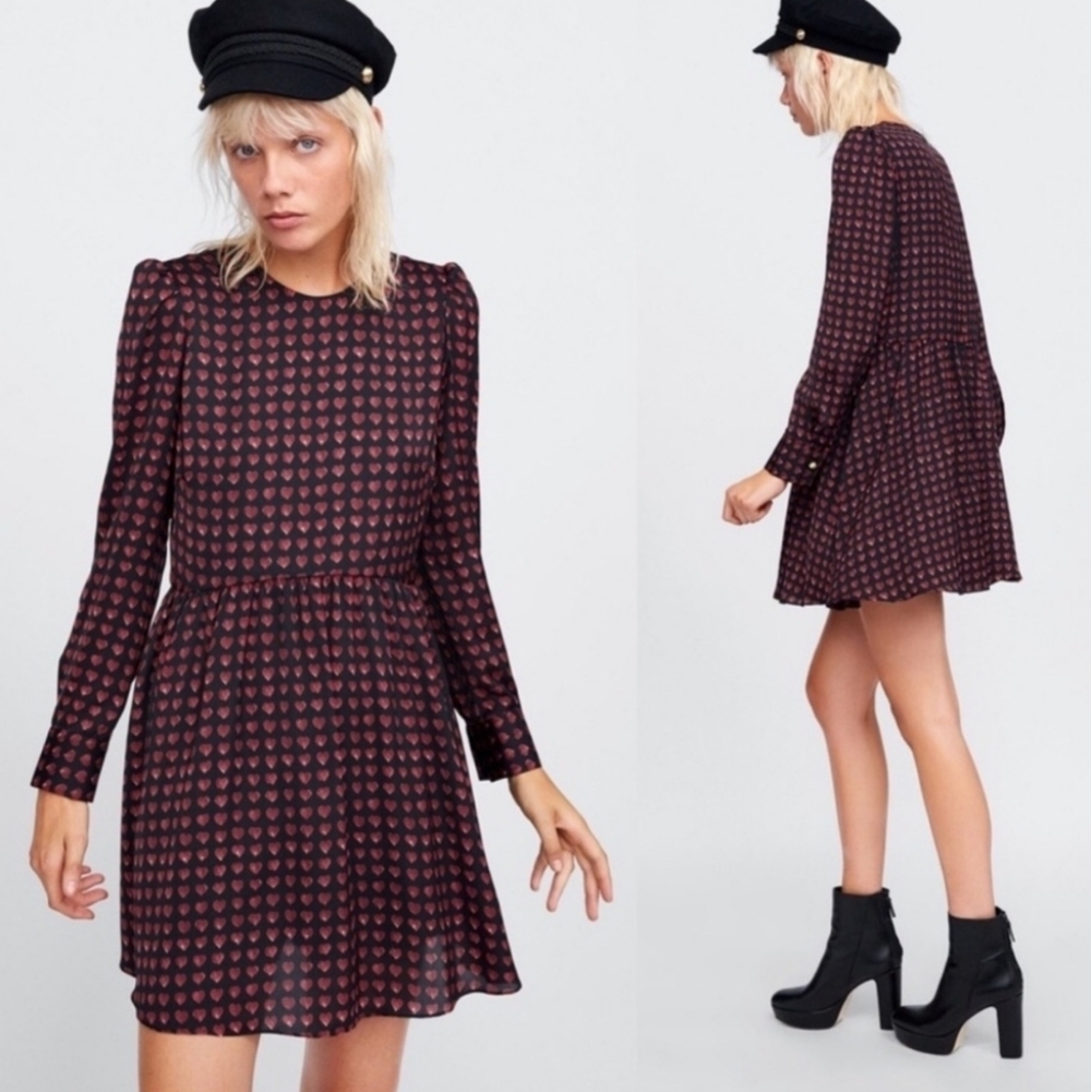 Zara Heart Print Smock Long Sleeve Dress Romper Size S